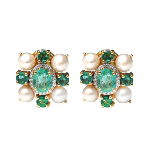 Natural Emerald and Pear Balls 14K gold earrings front view - NFJSD-1368