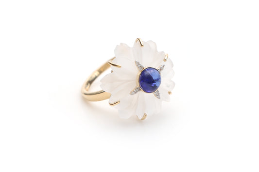 Natural Tanzanite Round Cabs and Crystal Carving Flower 14K gold ring front view - NFJSD-1101