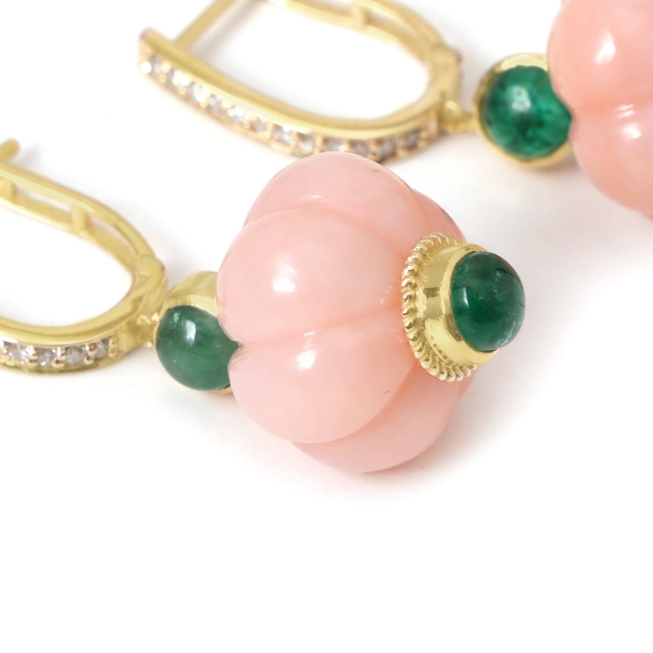 Natural Pink Opal Melon and Emerald 14K gold earrings side angle - NFJSD-1915