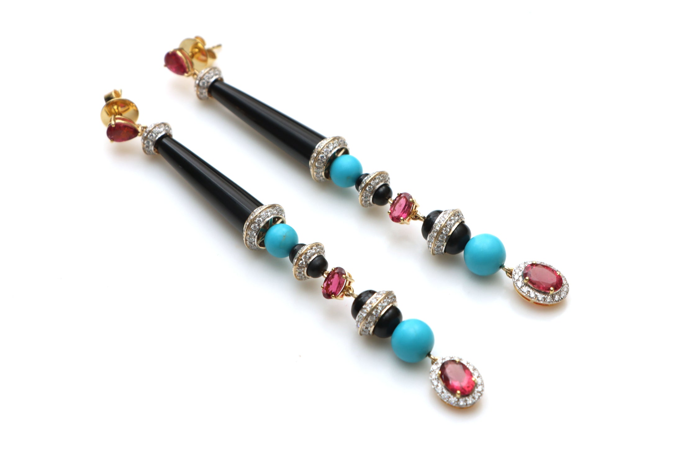Natural Black Onyx Smooth Tube and Turquoise Smooth Balls 14K gold earrings front view - NFJSD-1140