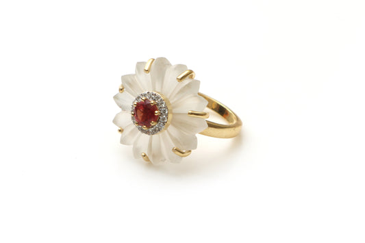 Natural Carving Flower and Tourmaline 14K gold ring front view - NFJSD-1322