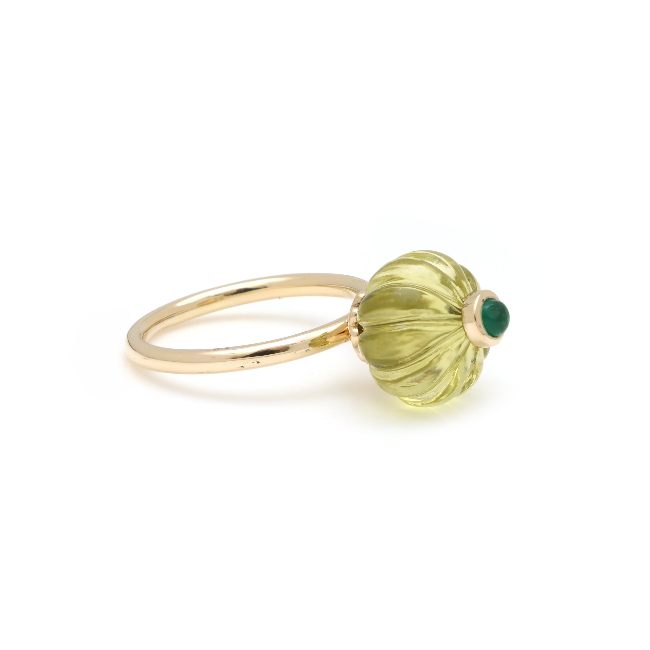 Natural Lemon Quartz Carving and Emerald 14K gold ring front view - NFJSD-1755