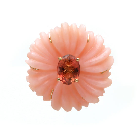 Natural Pink Opal and Tourmaline 14K gold pendant top view - NFJSD-1746