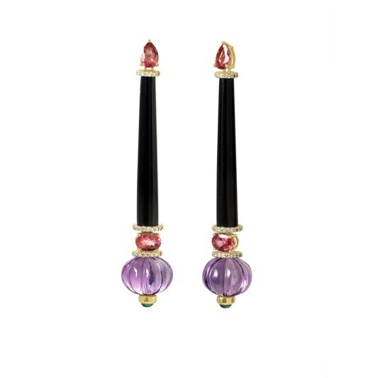 Natural Black Onyx and Amethyst 14K gold earrings side angle - NFJSD-1911