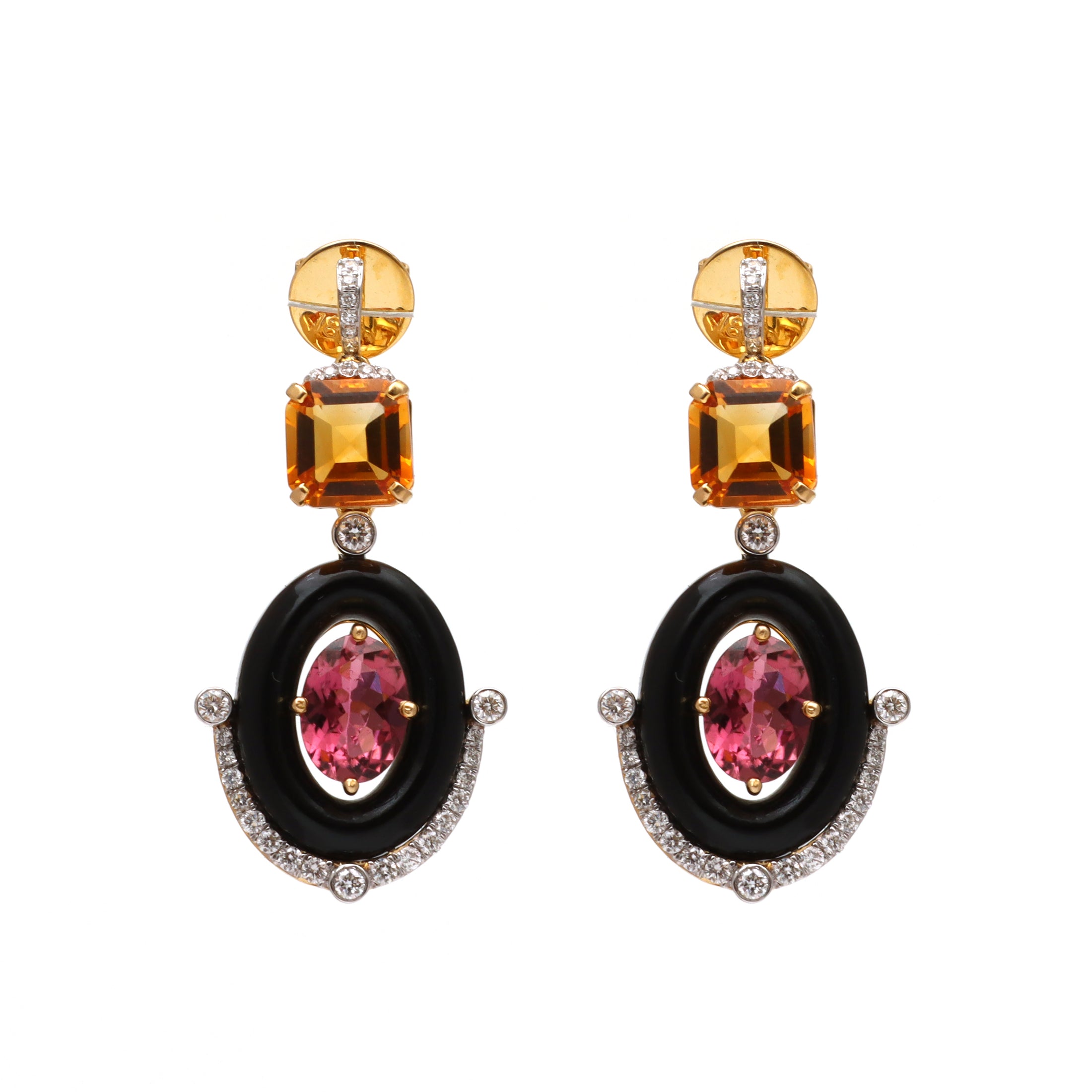Natural Black Onyx and Citrine 18K gold earrings front view - NFJSD-1657