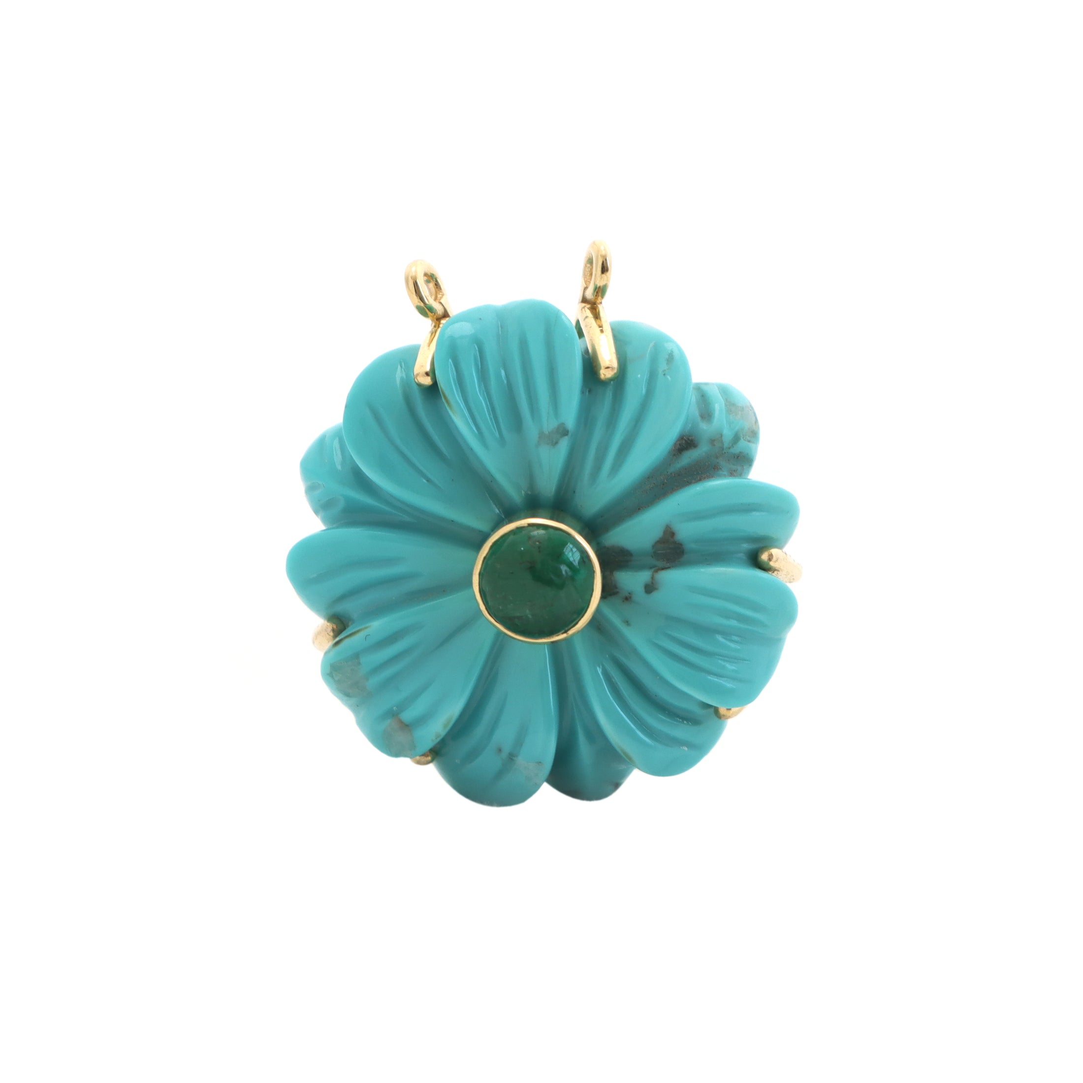 Natural Emerald Round Cabs and Turquoise Carving Flower 14K gold pendant front view - NFJSD-1228