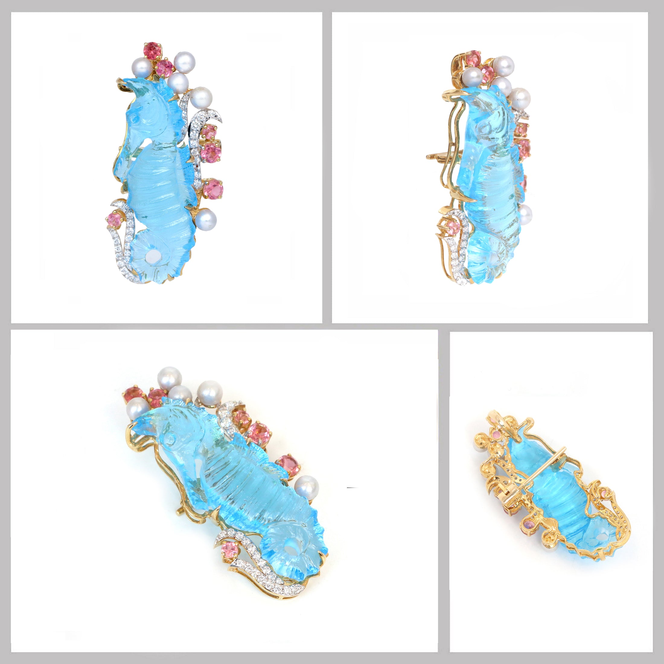 Natural Swiss Blue Topaz Carving Seahorse and Pearl Smooth Balls 14K gold brooch top view - NFJSD-1181