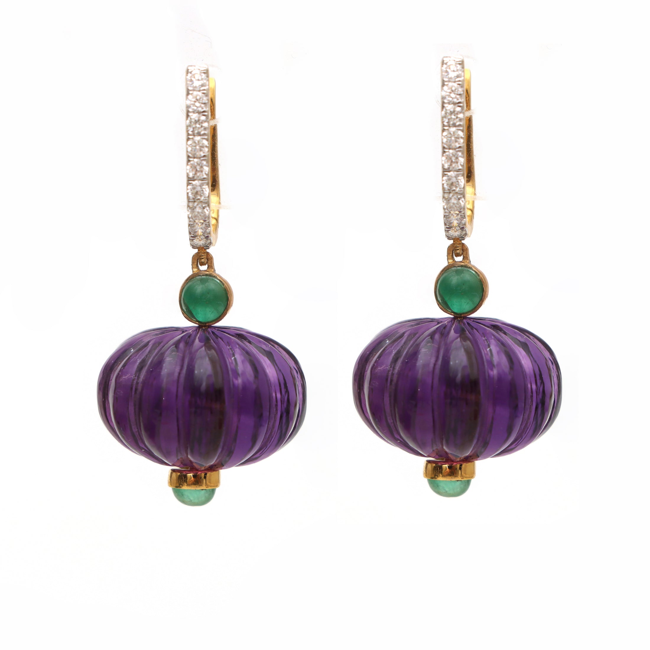Natural Emerald Round Cabs and Amethyst Carving Beads 14K gold earrings side angle - NFJSD-1334