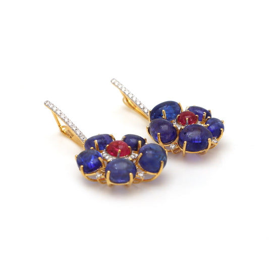 Natural Tourmaline and Tanzanite 18K gold earrings side angle - NFJSD-1582