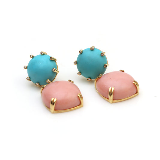 Natural Pink Opal and Turquoise 14K gold earrings front view - NFJSD-1509