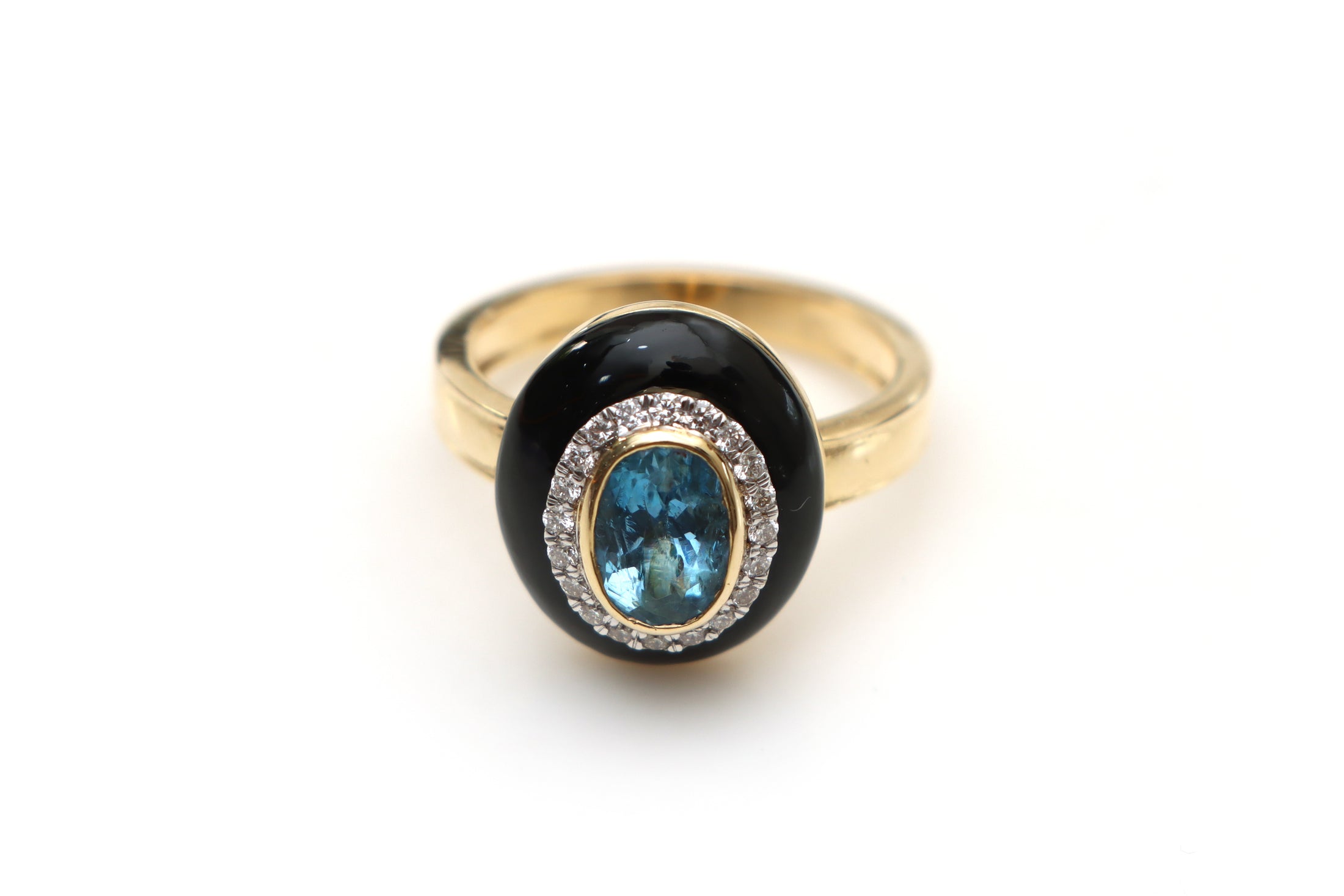 Natural Aquamarine Oval Cut and Black Onyx Oval Frame 14K gold ring front view - NFJSD-1204