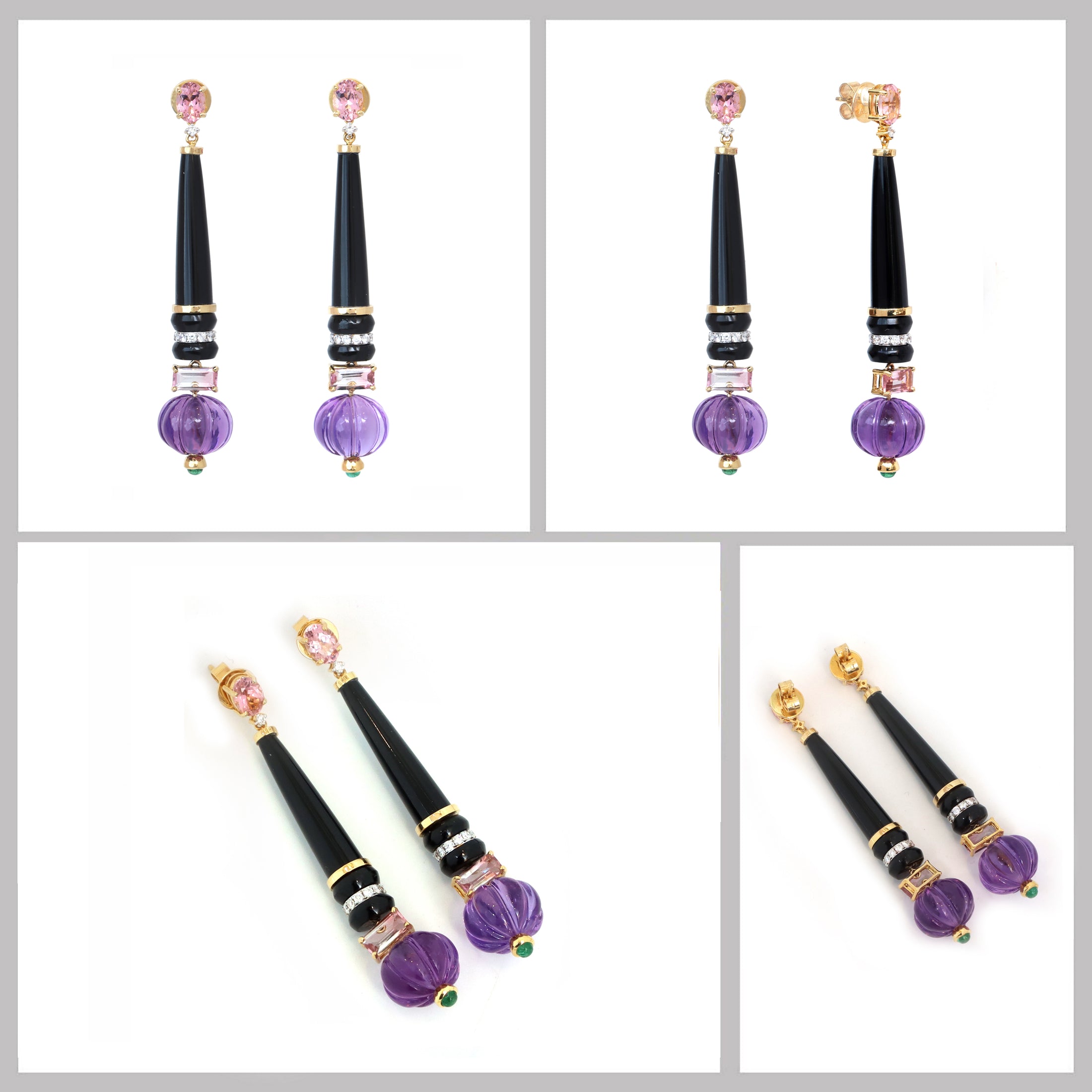 Natural Black Onyx and Amethyst 18K gold earrings top view - NFJSD-1808