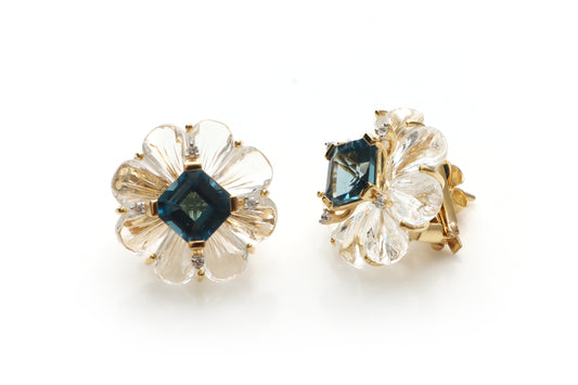 Natural London Blue Topaz Cut and Crystal Carving Flower 14K gold earrings front view - NFJSD-1184