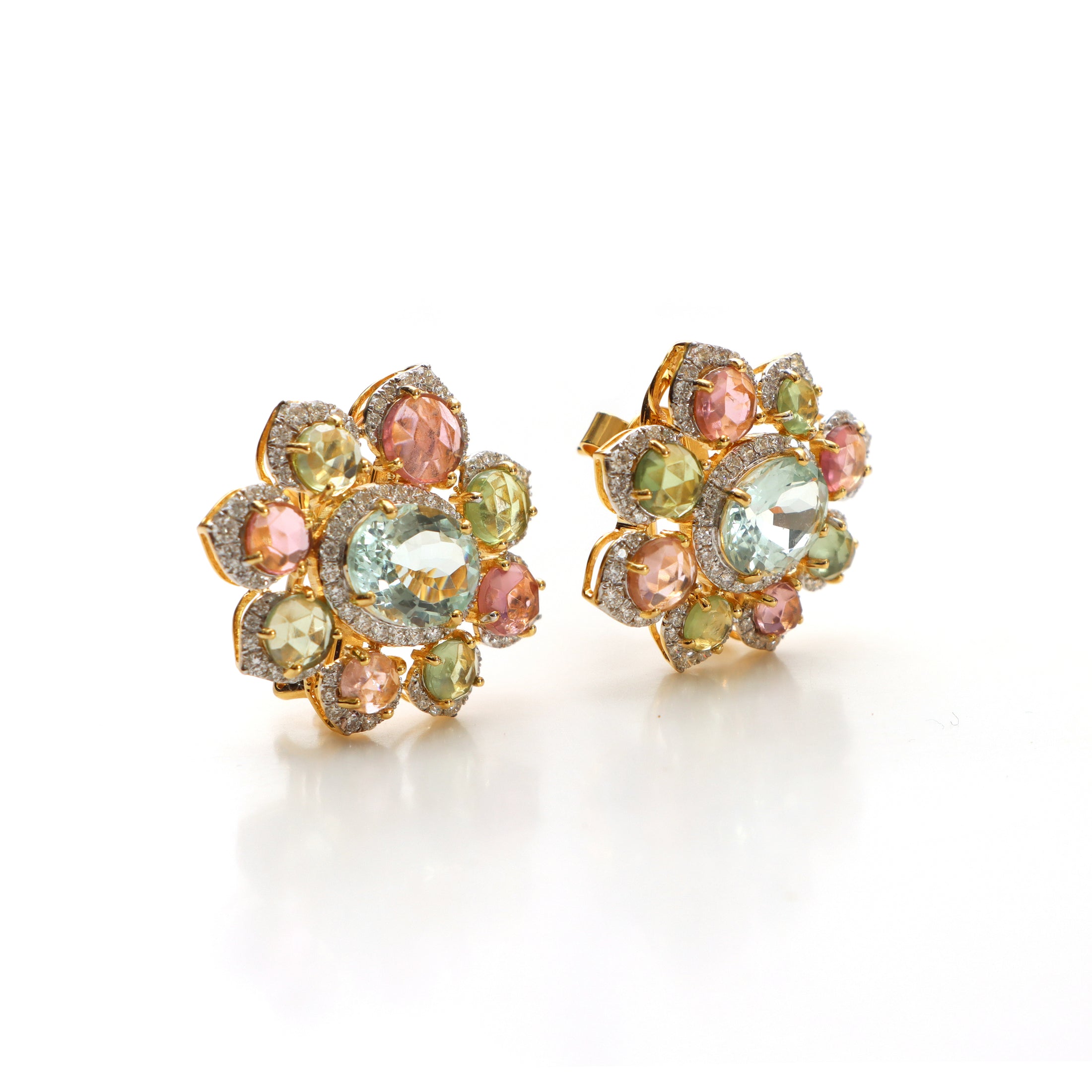 Natural Aquamarine and Tourmaline 18K gold earrings back view - NFJSD-1470