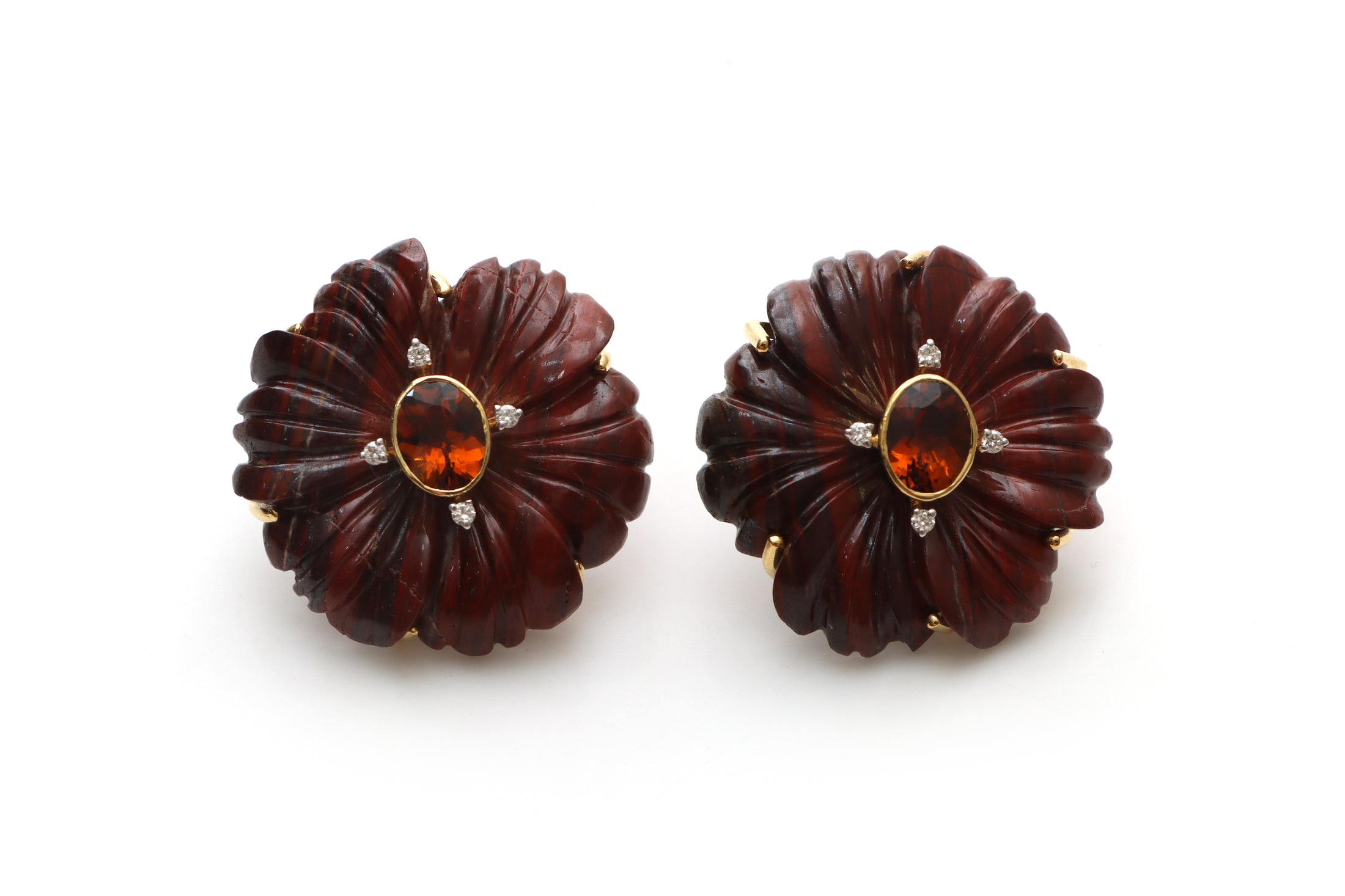 Natural Tourmaline Oval Cut and Red Jasper Carving Flower 14K gold earrings front view - NFJSD-1182