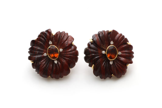 Natural Tourmaline Oval Cut and Red Jasper Carving Flower 14K gold earrings front view - NFJSD-1182