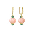 Load image into Gallery viewer, Natural Pink Opal Melon and Emerald 14K gold earrings close-up detail - NFJSD-1915
