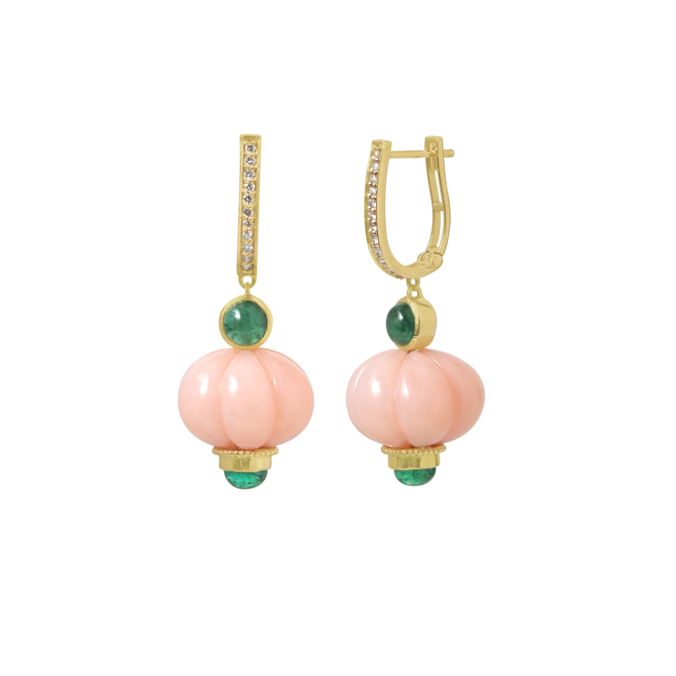 Natural Pink Opal Melon and Emerald 14K gold earrings close-up detail - NFJSD-1915