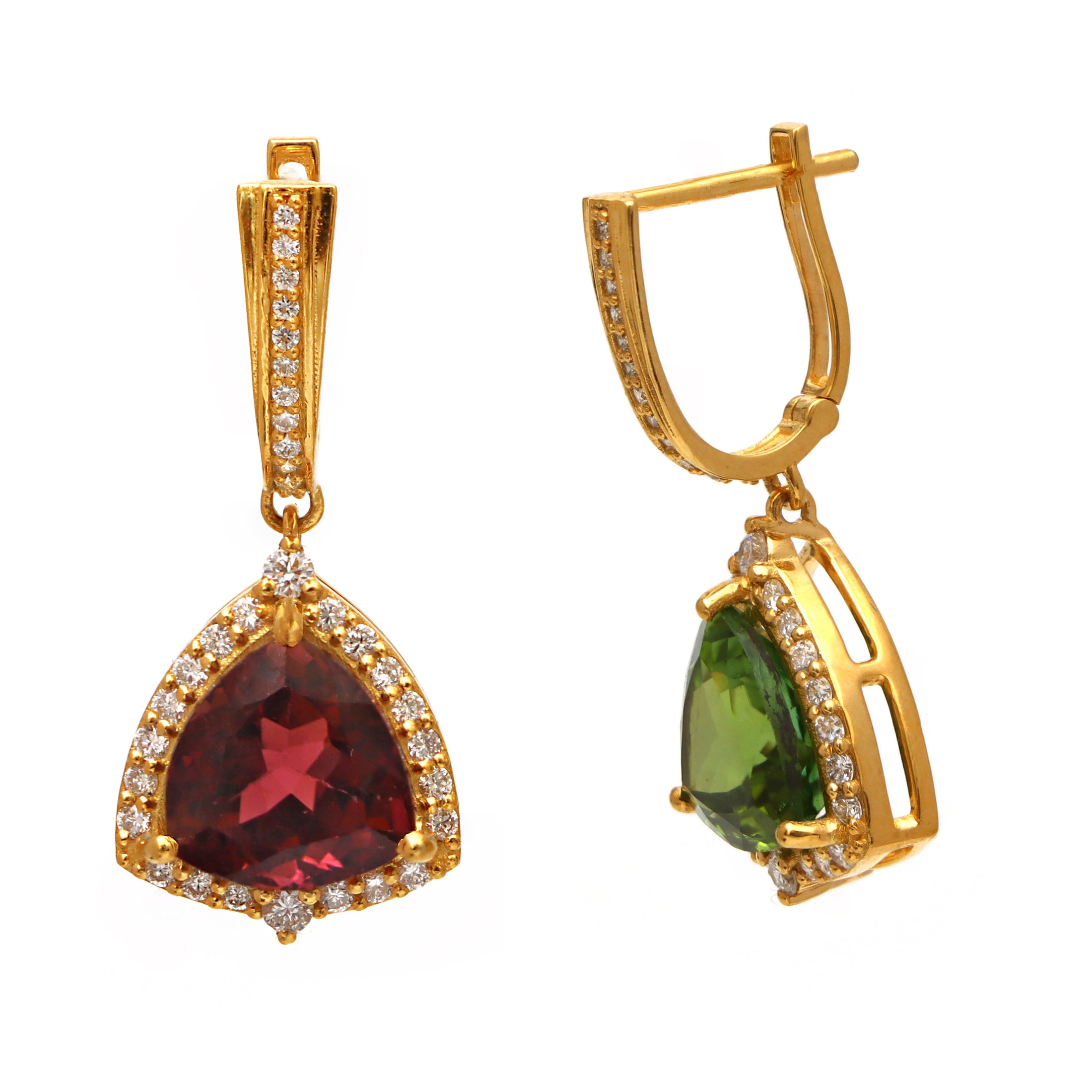 Natural Green Tourmaline and Pink Tourmaline 18K gold earrings back view - NFJSD-1599