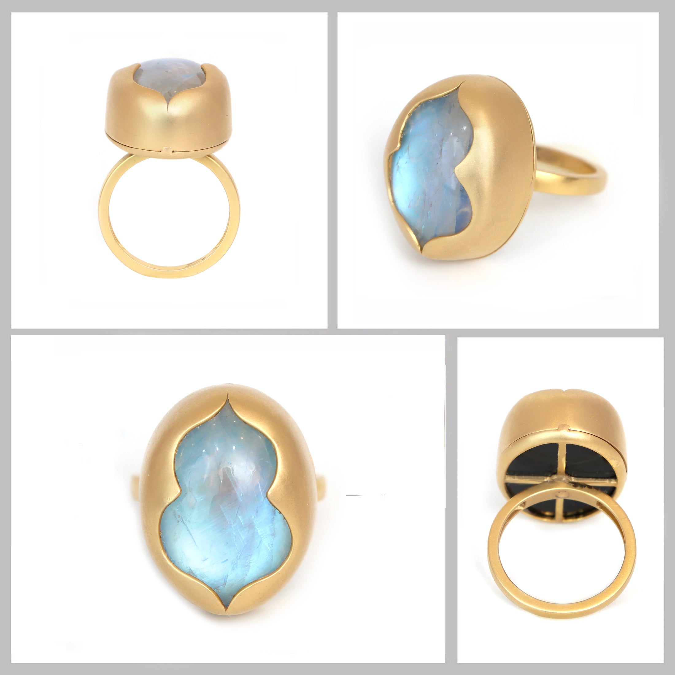 Natural Rainbow Moonstone Oval Cab and Black Onyx Oval Coin 18K gold ring side angle - NFJSD-1414