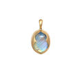 Load image into Gallery viewer, Natural Rainbow Moonstone Oval Cab and Black Onyx Oval Coin 18K gold pendant on-hand view - NFJSD-1413
