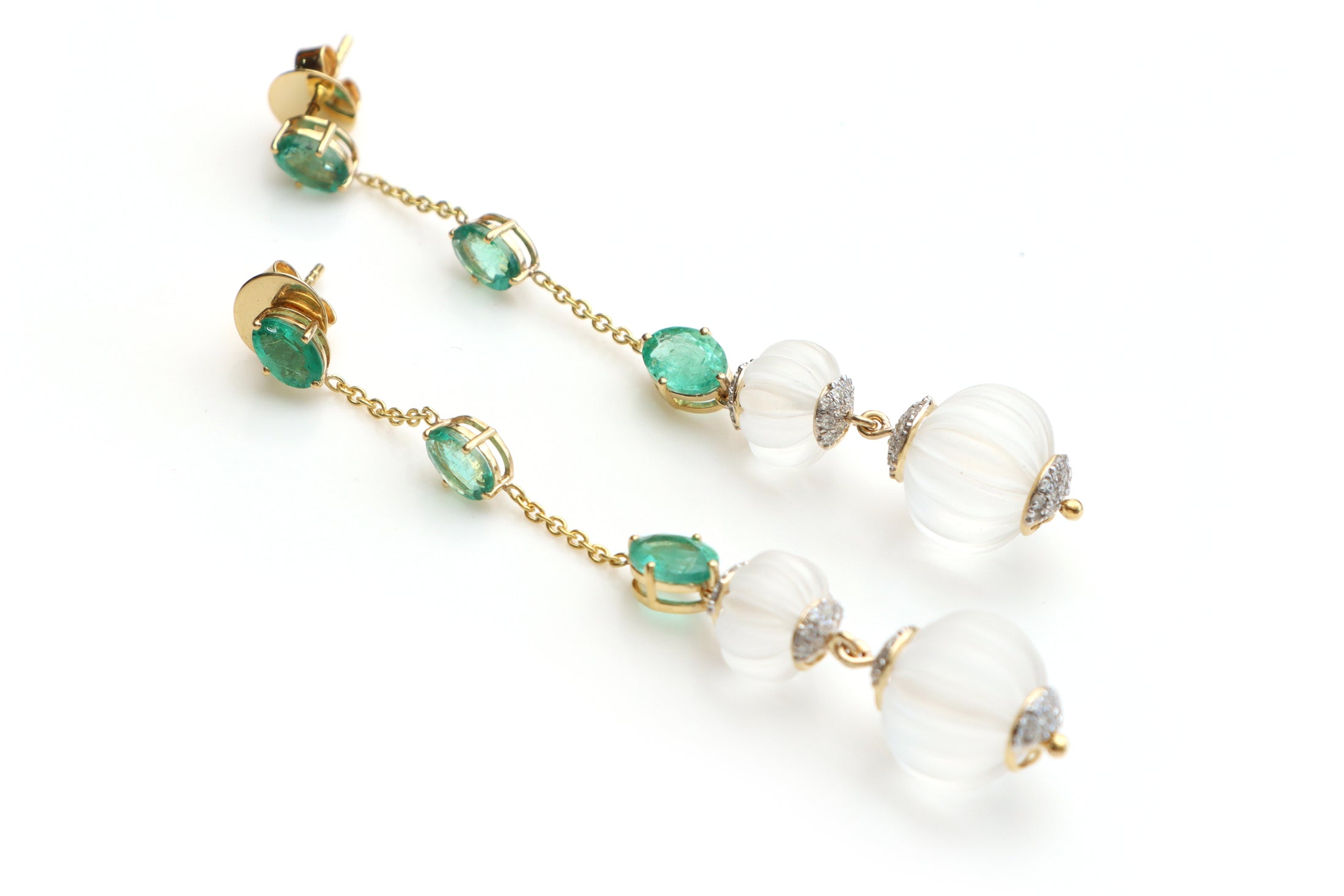 Natural Emerald Oval Cut and Crystal Carving Round 14K gold earrings front view - NFJSD-1096