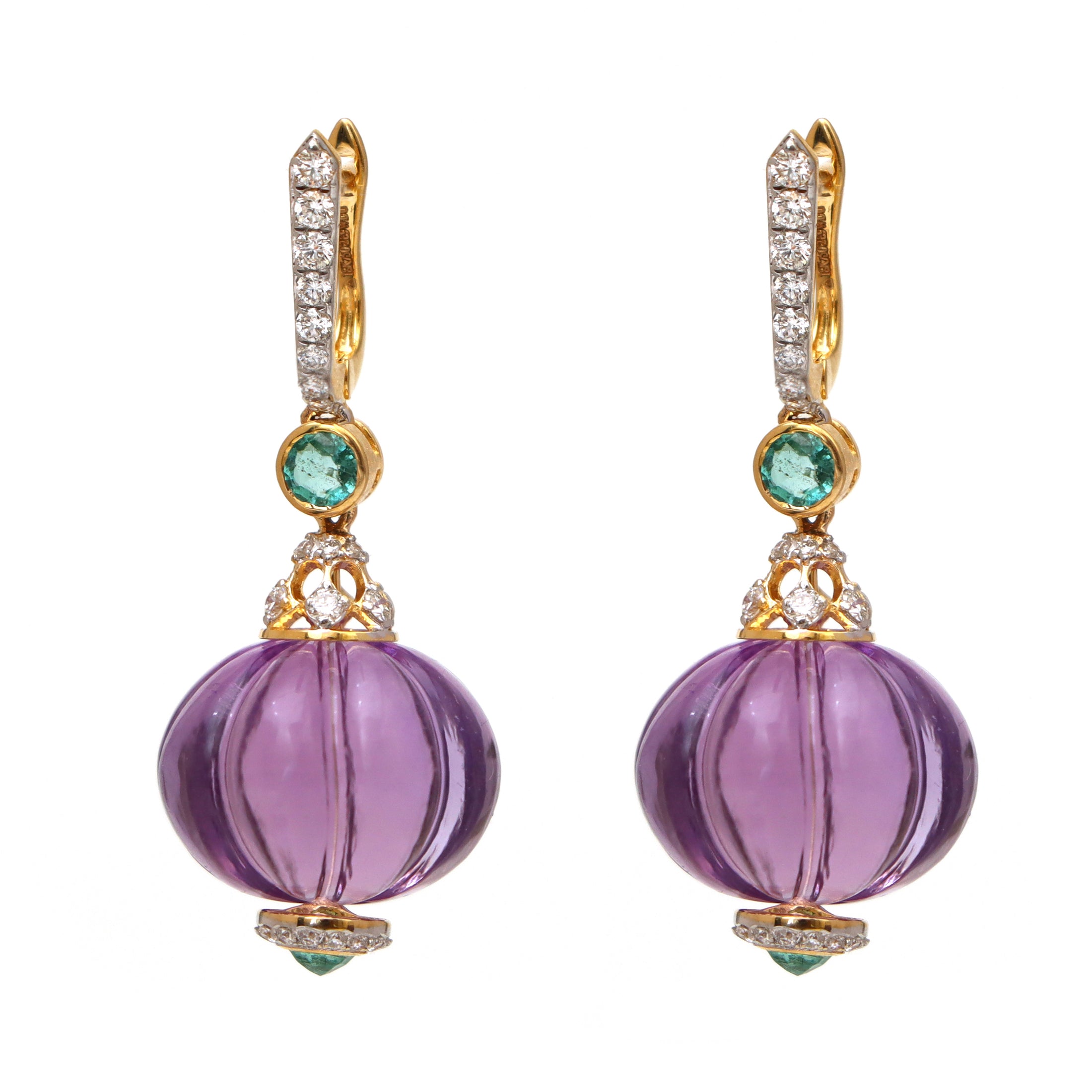 Natural Amethyst and Emerald 18K gold earrings top view - NFJSD-1601