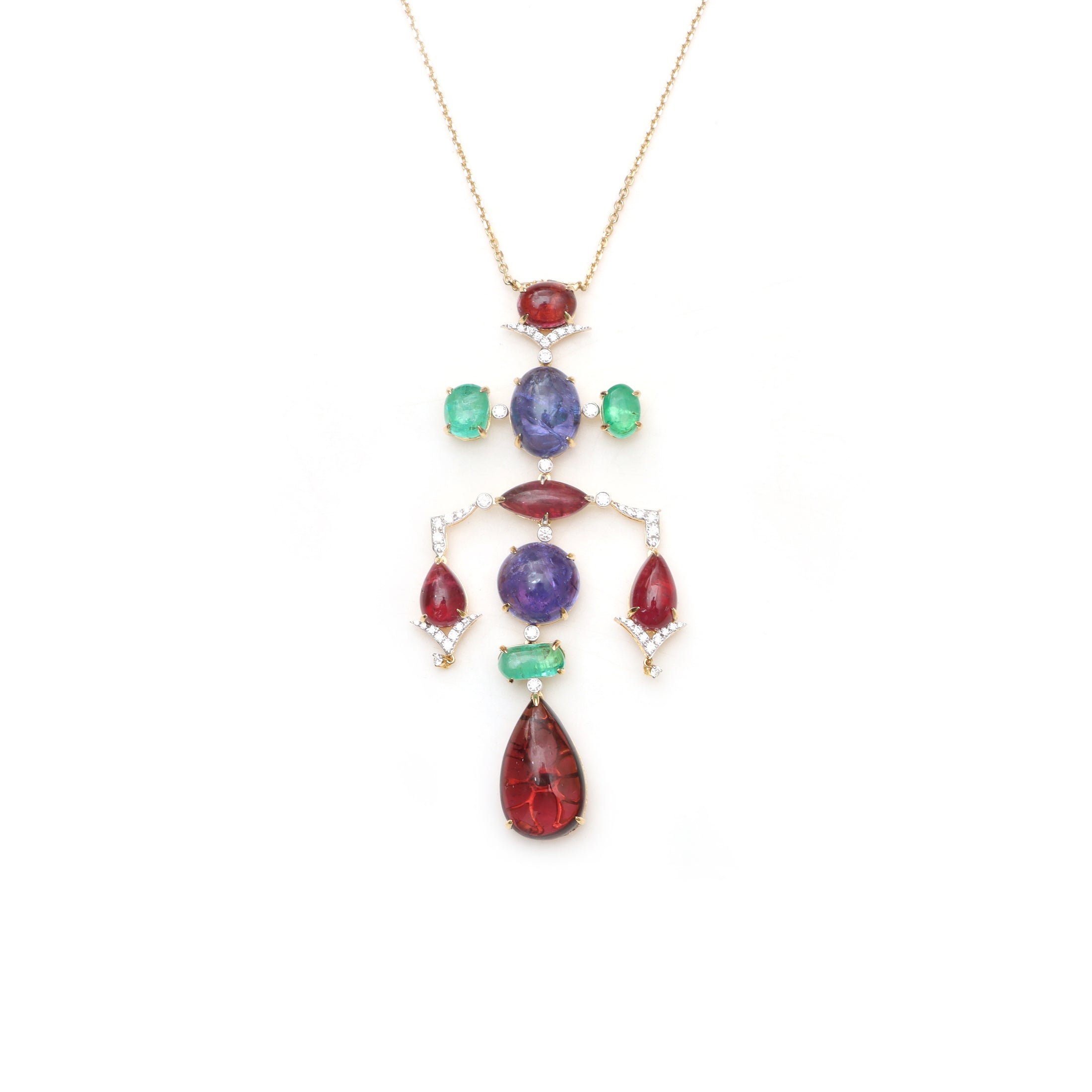 Natural Emerald and Tourmaline 18K gold pendant front view - NFJSD-1833