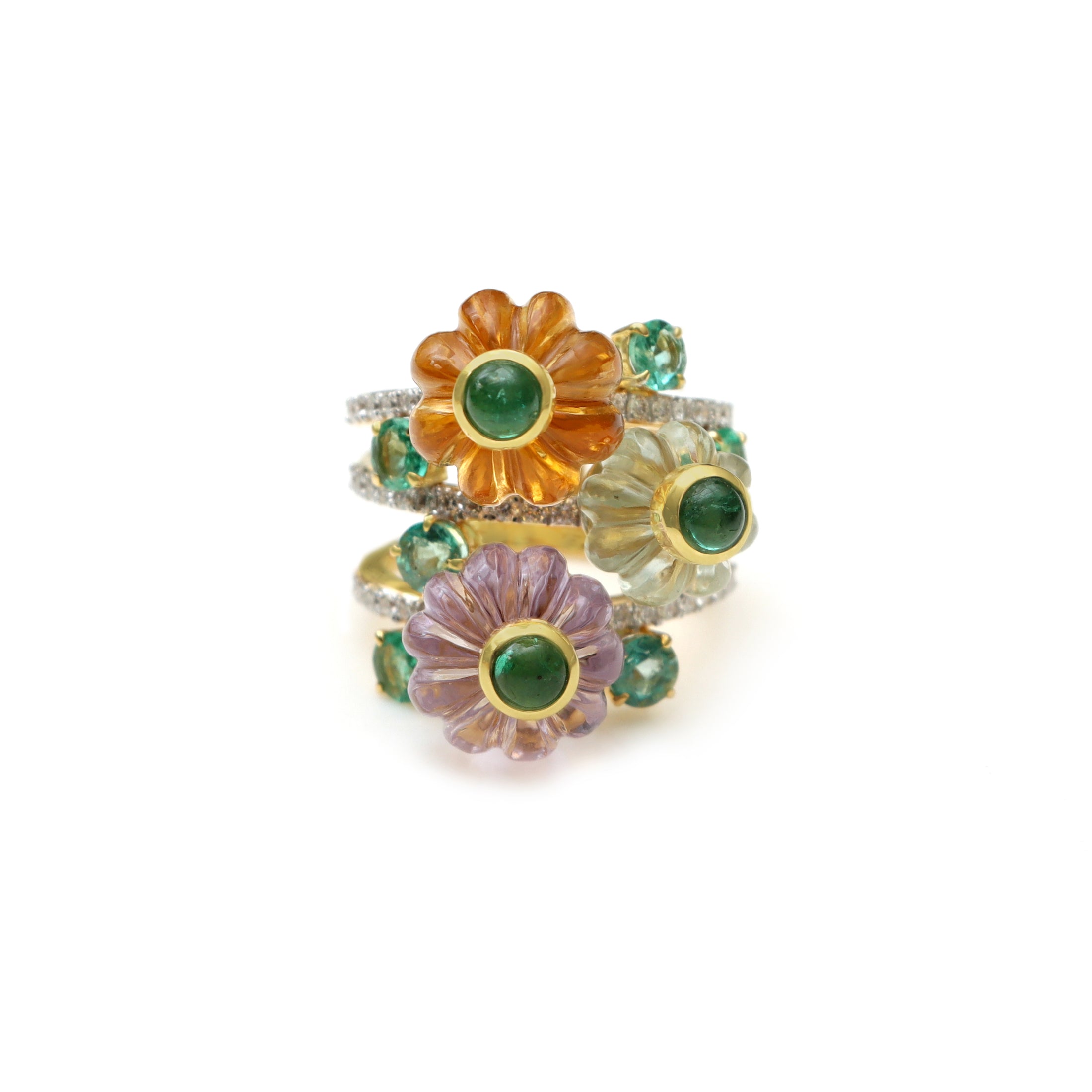 Natural Pink & Green Amethyst and Citrine 14K gold ring close-up detail - NFJSD-1838