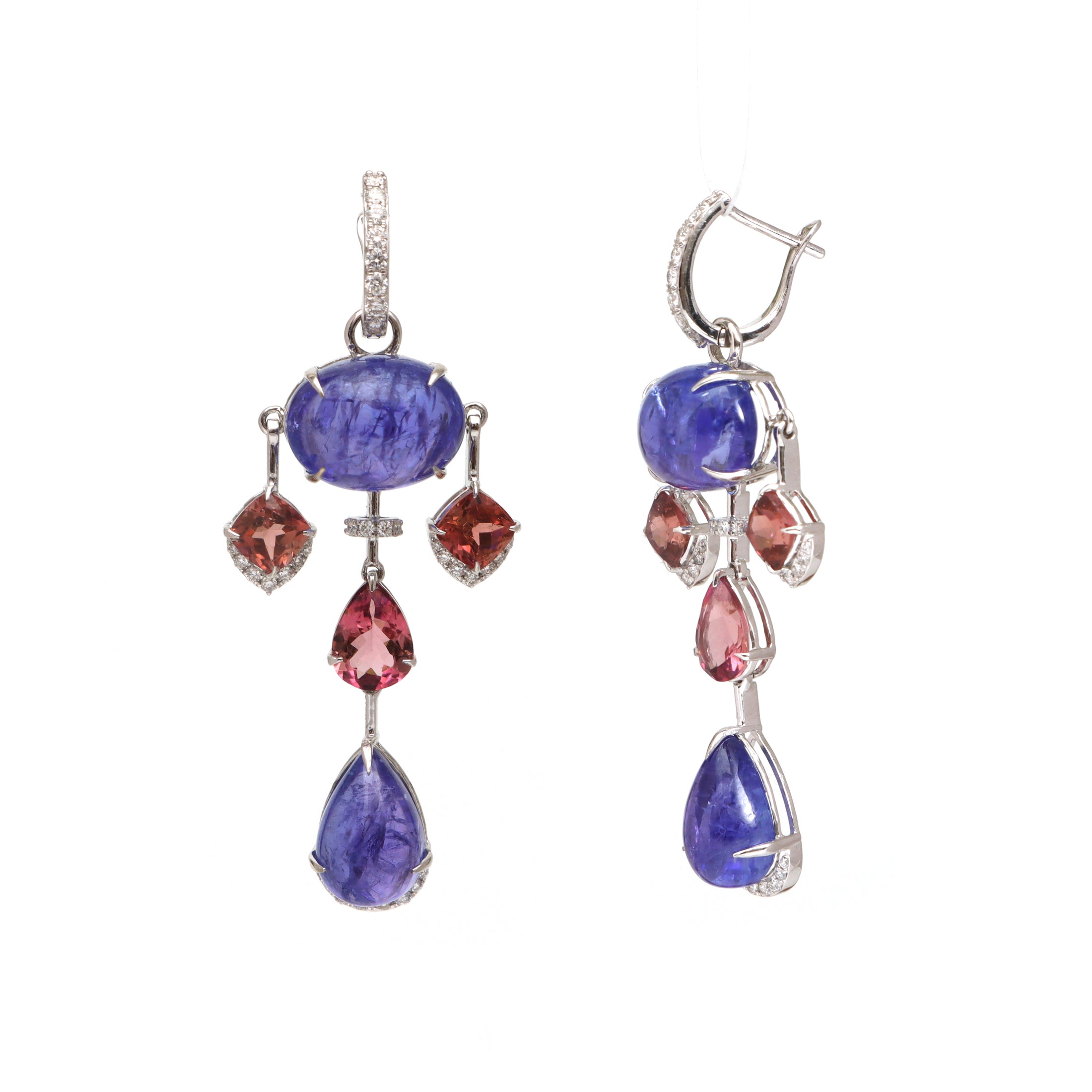 Natural Tourmaline and Tanzanite 18K gold earrings close-up detail - NFJSD-1640