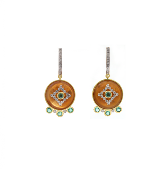 Natural Citrine and Emerald 14K gold earrings front view - NFJSD-1799