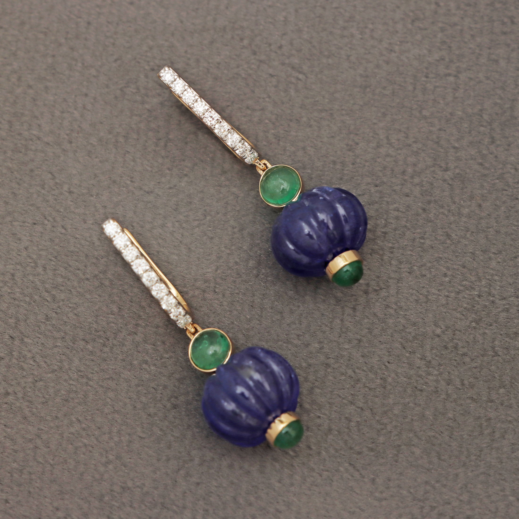 Natural Tanzanite and Emerald 18K gold earrings top view - NFJSD-1540