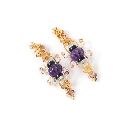 Natural Amethyst and Black Onyx 18K gold earrings top view - NFJSD-1842