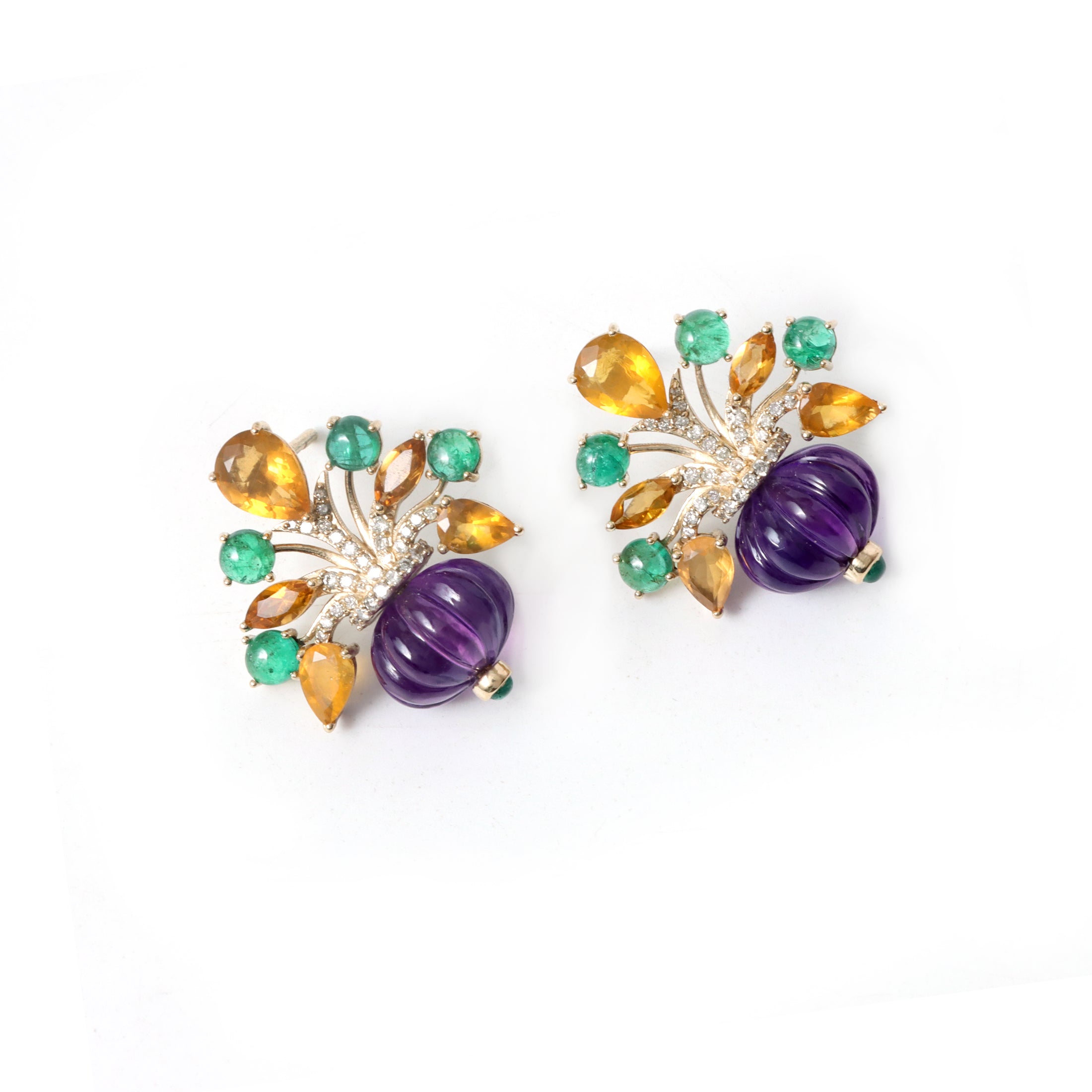 Natural Emerald and Tourmaline 14K gold earrings close-up detail - NFJSD-1856