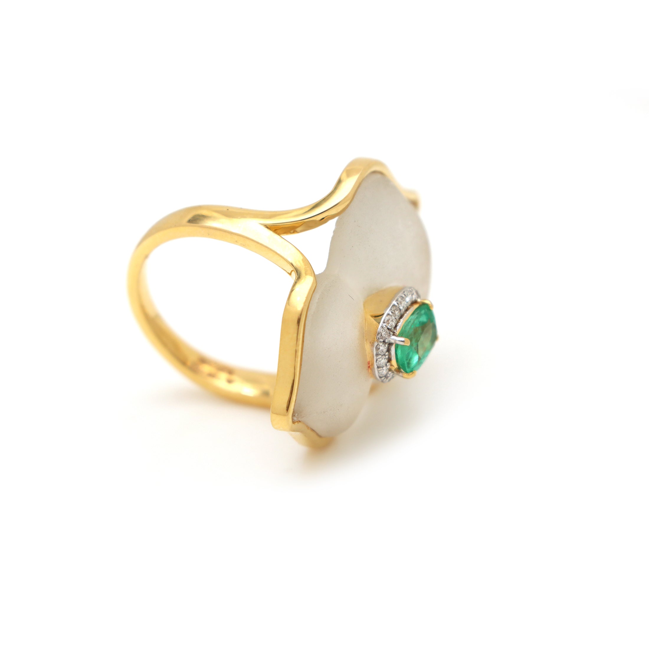 Natural Crystal Carving and Emerald 18K gold ring back view - NFJSD-1546