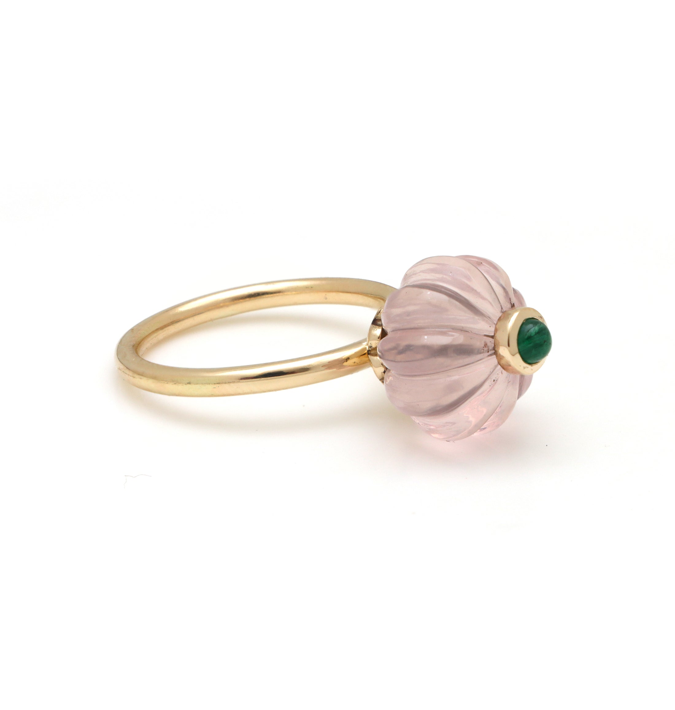 Natural Rose Quartz and Emerald 14K gold ring close-up detail - NFJSD-1685