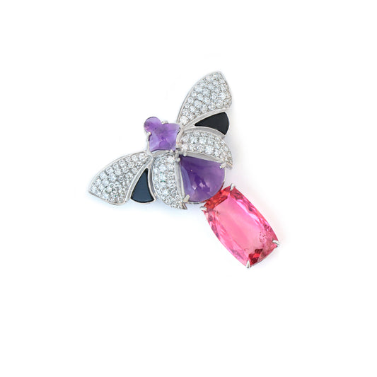 Natural Amethyst and Black Onyx 18K gold brooch side angle - NFJSD-1580