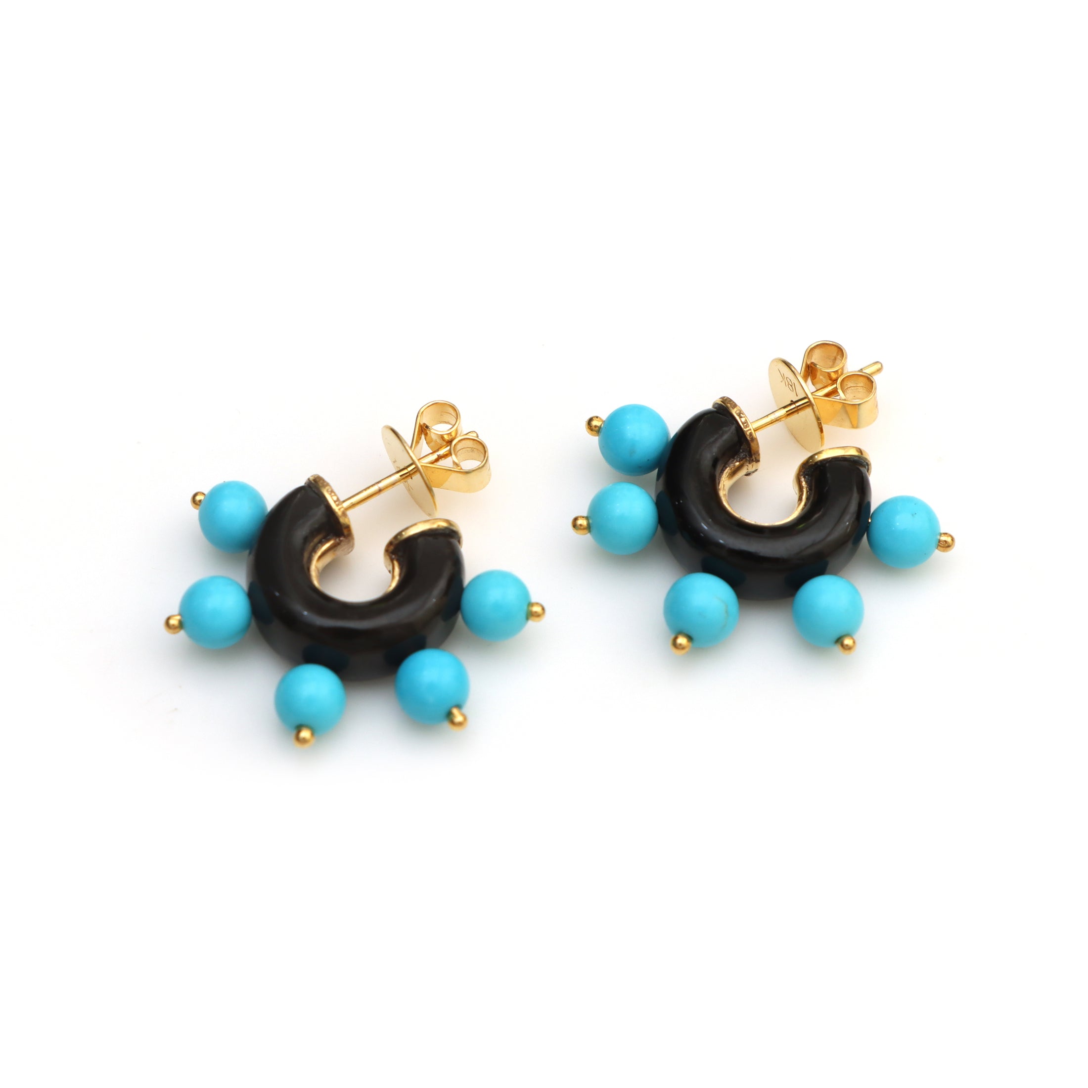 Natural Black Onyx and Turquoise 18K gold earrings front view - NFJSD-1427