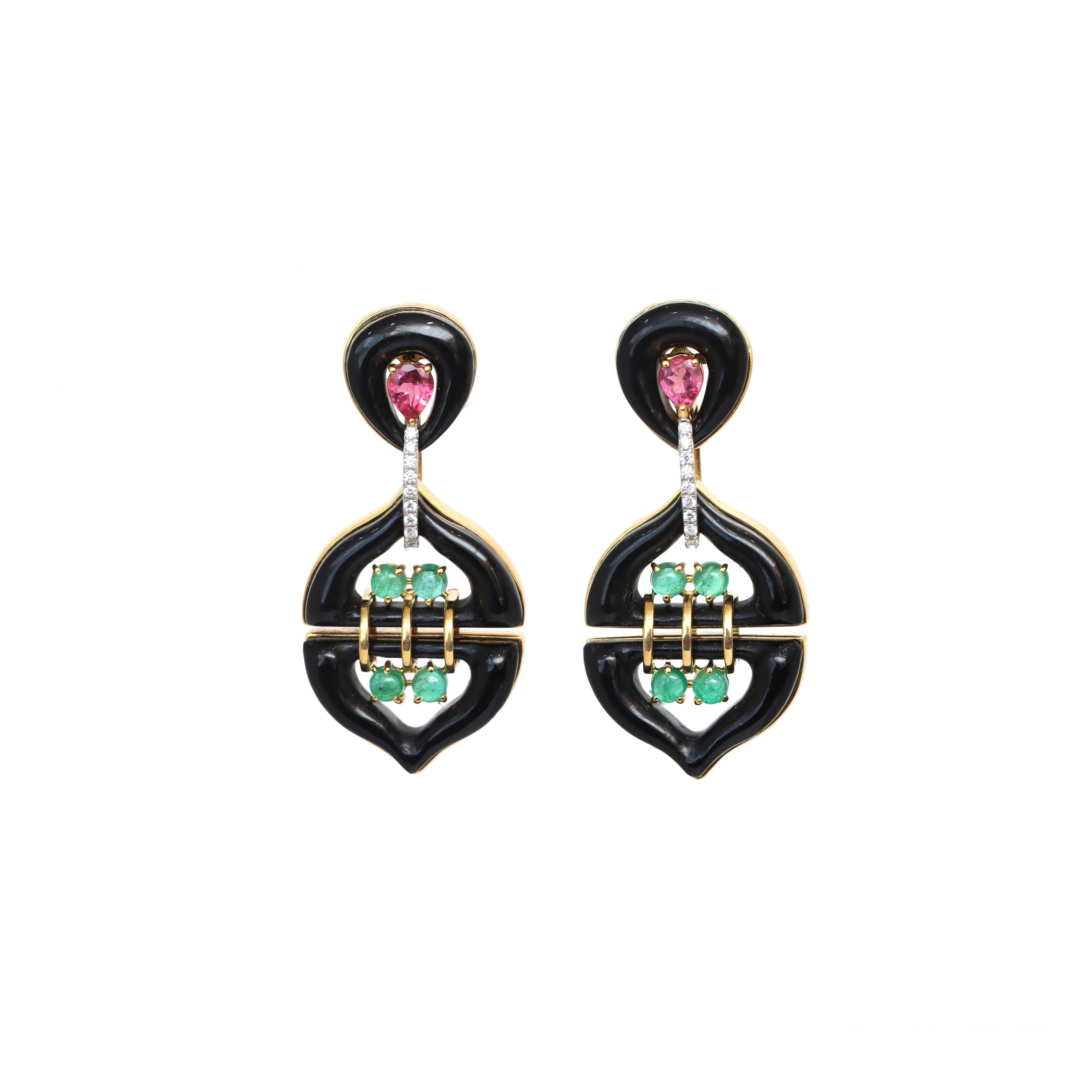 Natural Black Onyx and Emerald 18K gold earrings lifestyle shot - NFJSD-1432