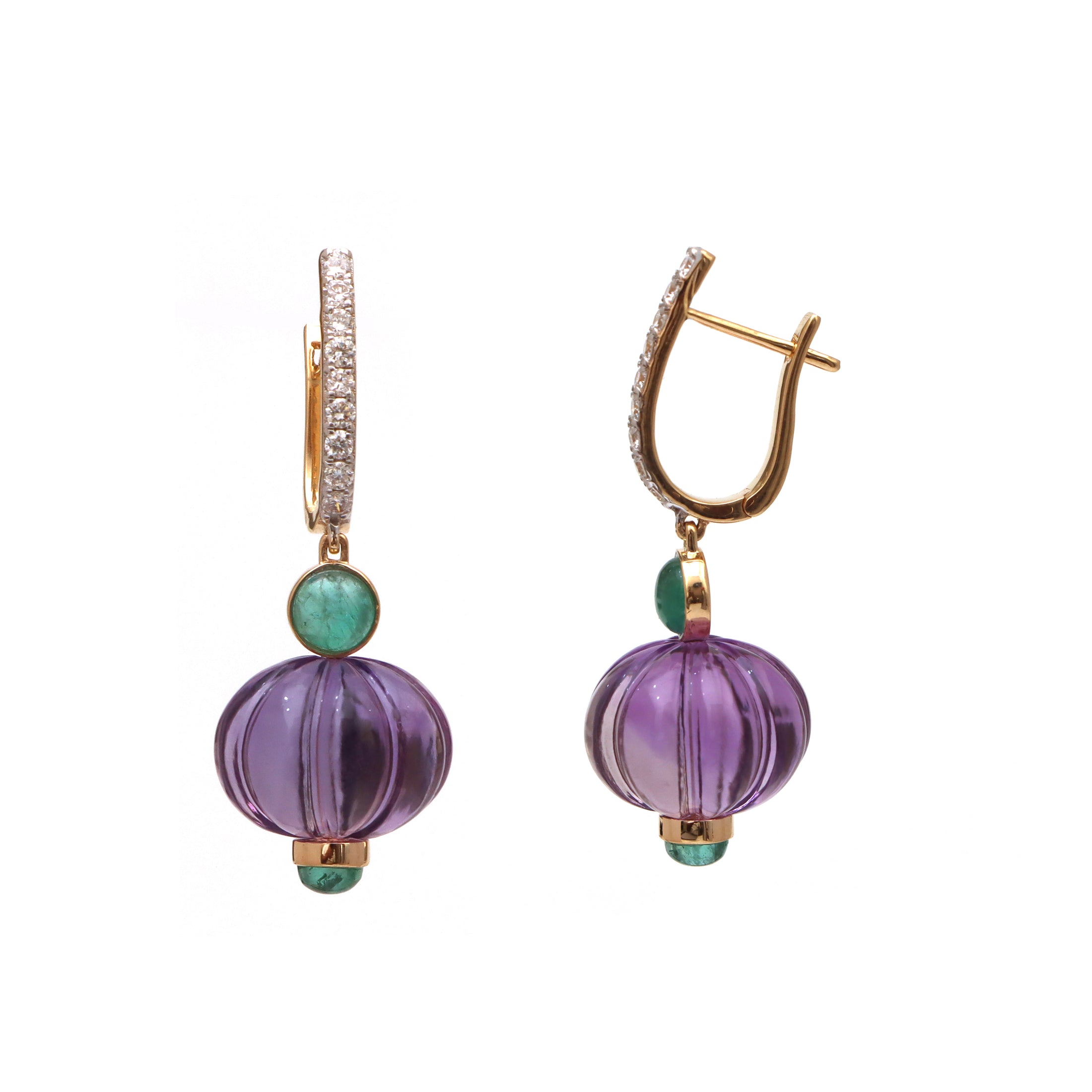 Natural Amethyst and Emerald 18K gold earrings side angle - NFJSD-1539