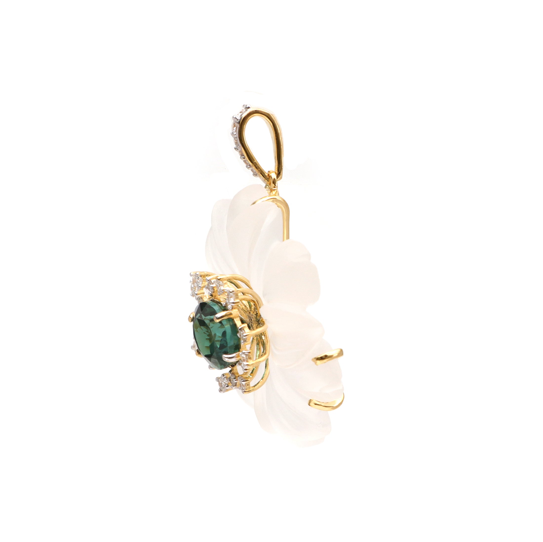Natural Crystal Carving and Tourmaline 18K gold pendant top view - NFJSD-1718