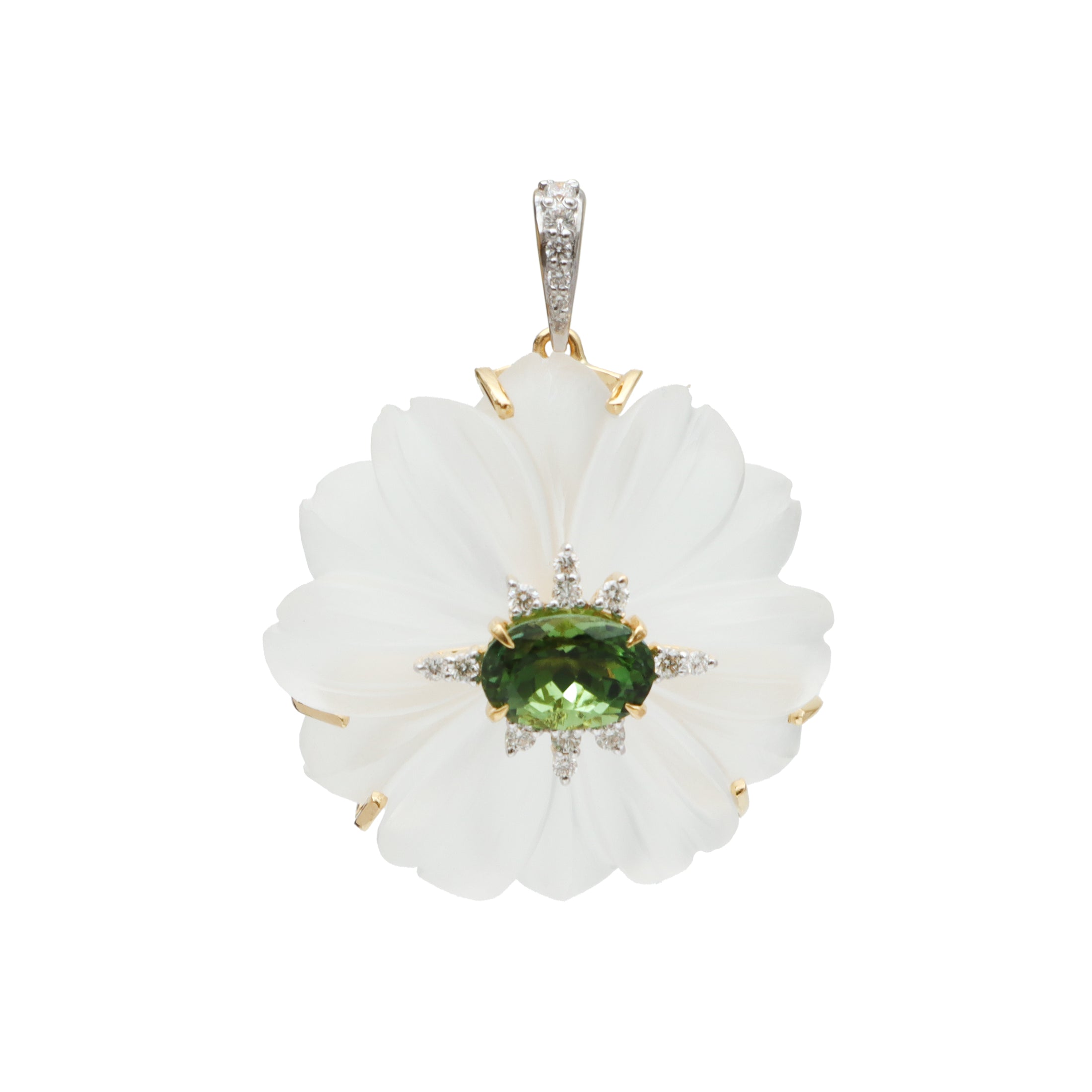 Natural Crystal Carving and Tourmaline 18K gold pendant front view - NFJSD-1709