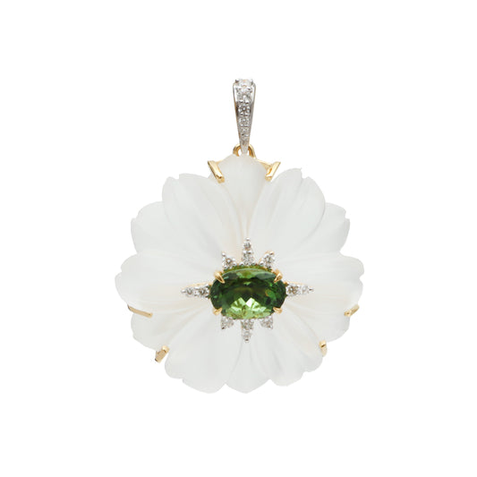 Natural Crystal Carving and Tourmaline 18K gold pendant front view - NFJSD-1709