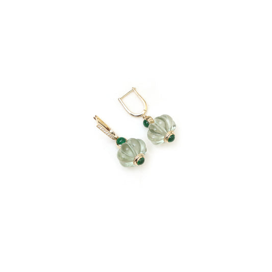 Natural Green Amethyst and Emerald 14K gold earrings front view - NFJSD-2005