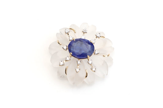 Natural Tanzanite Oval Cut and Crystal Carving Flower 14K gold pendant front view - NFJSD-1081