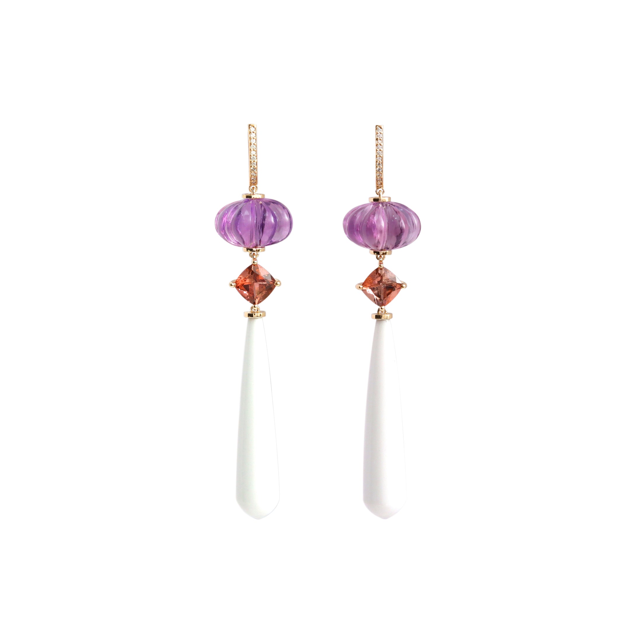 Natural Amethyst and Pink Tourmaline 14K gold earrings front view - NFJSD-2015