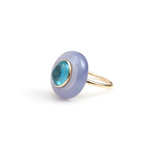 Natural Blue Chalcedony and Apatite 14K gold ring front view - NFJSD-2044