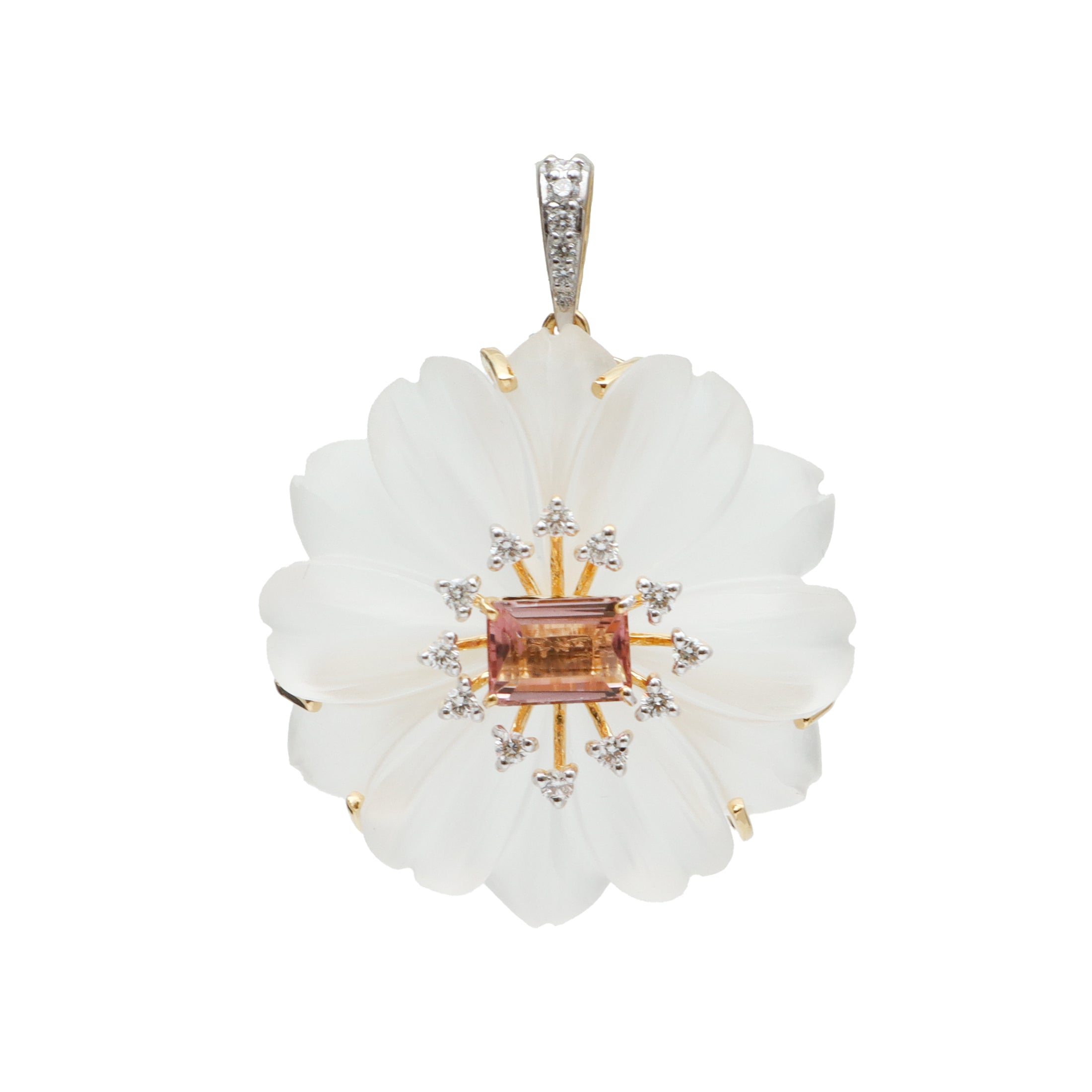 Natural Crystal Carving and Tourmaline 18K gold pendant front view - NFJSD-1708
