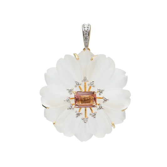 Natural Crystal Carving and Tourmaline 18K gold pendant front view - NFJSD-1708