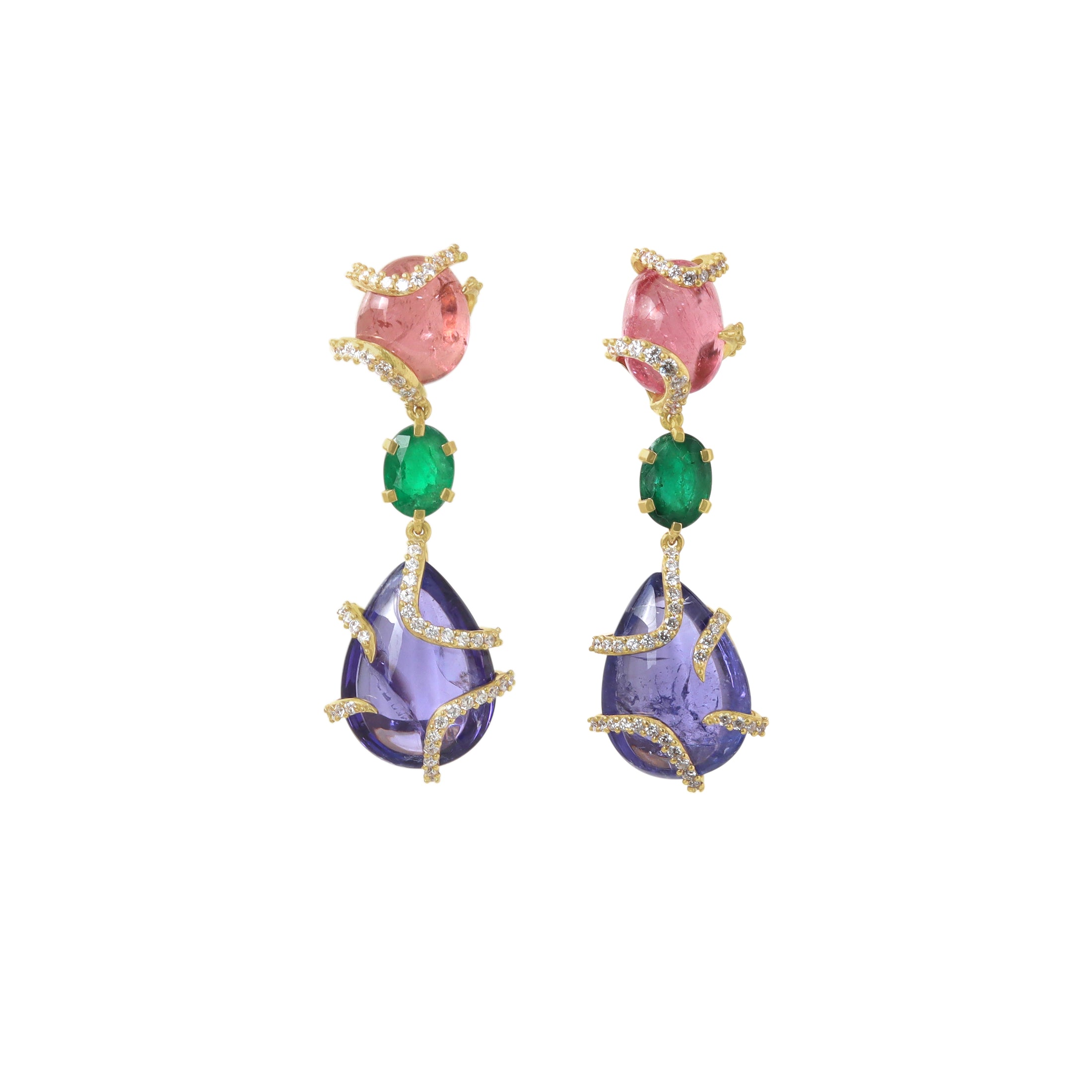 Natural Tanzanite and Tourmaline 18K gold earrings back view - NFJSD-1979